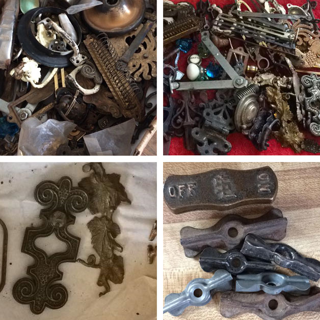 Photo grid of reclaimed antique hardware and metal relics in an artist’s studio — ornate brass escutcheons, cast-iron handles, vintage clock parts, and industrial fragments gathered for upcycled art projects. Photo grid of reclaimed antique hardware and metal relics in an artist’s studio — ornate brass escutcheons, cast-iron handles, vintage clock parts, and industrial fragments gathered for upcycled art projects.