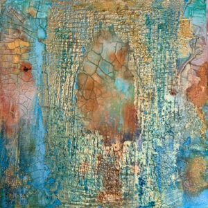 Abstract painting titled "Sediment of Grace", created by contemporary artist Holly Nelson on an 8"x8" cotton canvas using layered acrylic mediums. The composition features weathered textures and cracked surfaces in turquoise, rust, and gold tones, evoking erosion, renewal, and the quiet beauty of reclamation.