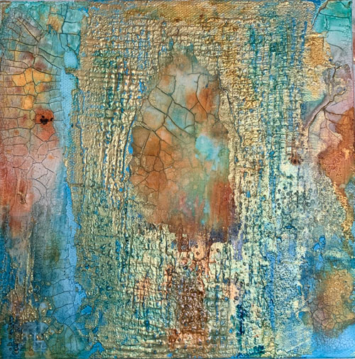 Abstract painting titled "Sediment of Grace", created by contemporary artist Holly Nelson on an 8"x8" cotton canvas using layered acrylic mediums. The composition features weathered textures and cracked surfaces in turquoise, rust, and gold tones, evoking erosion, renewal, and the quiet beauty of reclamation.