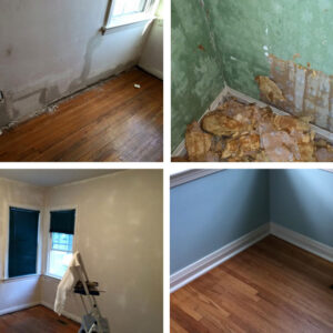 Four-part photo grid shows the transformation of a historic room. Old paint and wallpaper give way to replastered walls painted in a soft robin's-egg-blue, and original oak floors glowing with new varnish, thus capturing the process of reclamation and renewal.