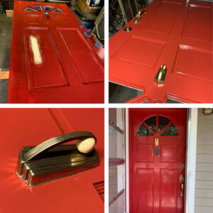 Four-part photo grid shows the revived front door in its final stages — painted a luminous, high-gloss red and fitted with polished Art Deco hardware. Once layered and worn, it now stands gleaming and bold, a symbol of reclamation, craftsmanship, and homecoming.