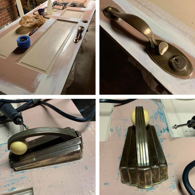 Four-part photo grid shows the early stages of a front door restoration. Layers of old paint are being sanded to reveal the layers of history beneath, while original brass and Art Deco hardware are cleaned and brought back to life — the beginning of another quiet act of reclamation.