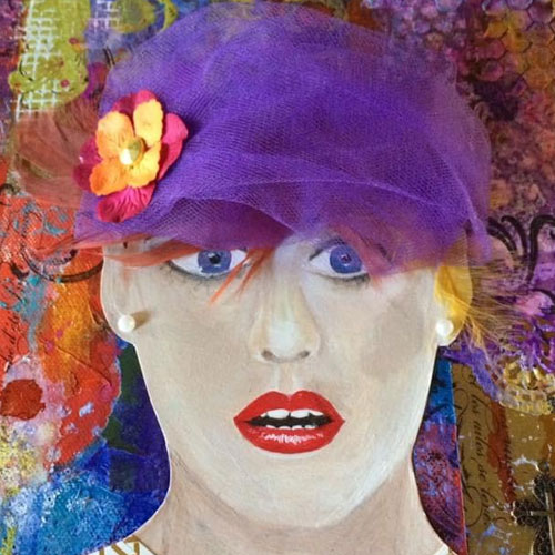 Close-up of a mixed media collage featuring a woman with wide blue eyes, bright red lips, and a sheer purple cloche hat decorated with an orange and pink flower.